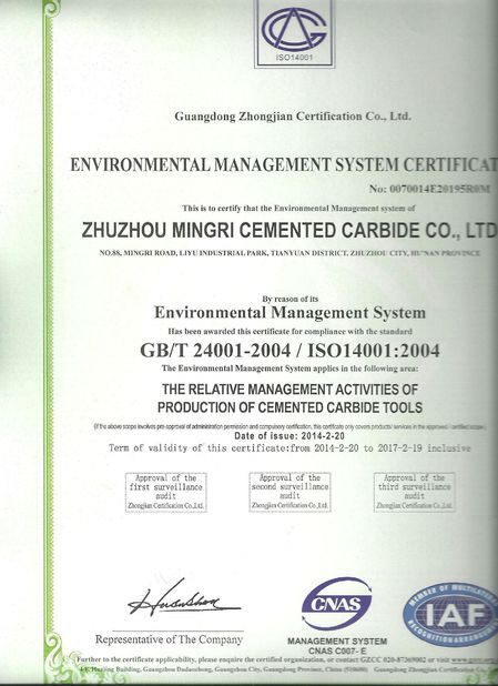 Китай Zhuzhou Mingri Cemented Carbide Co., Ltd. Сертификаты
